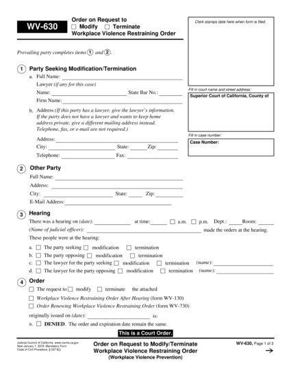 View WV-630 Order on Request to Modify/Terminate Workplace Violence Restraining Order form