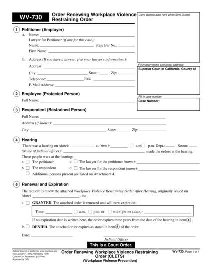 View WV-730 Order Renewing Workplace Violence Restraining Order form